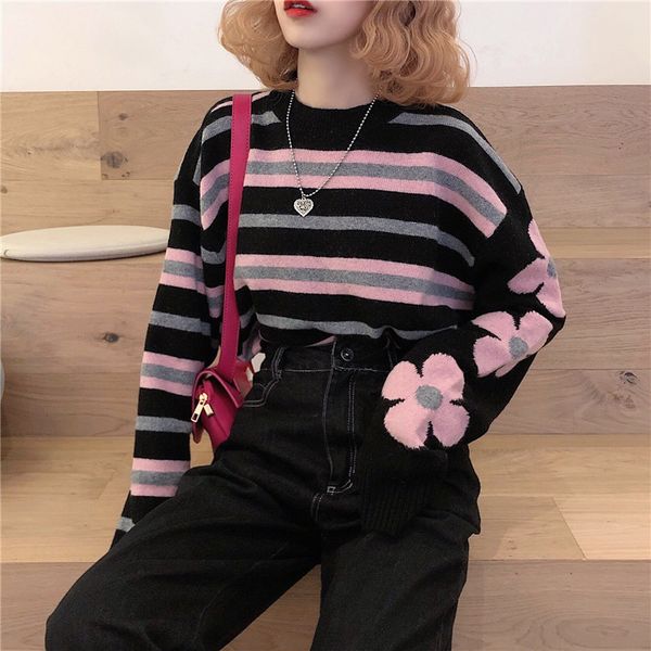 autumn new korean loose striped o-neck long sleeve knitted sweater women, White;black
autumn new korean loose striped o-neck long sleeve knitted sweater women, White;black