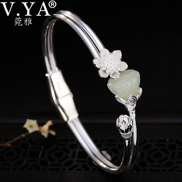 v.ya 925 sterling silver lotus open bangles for women vintage elegant thai silver bangle natural stone flowers jewelry, Black
v.ya 925 sterling silver lotus open bangles for women vintage elegant thai silver bangle natural stone flowers jewelry, Black