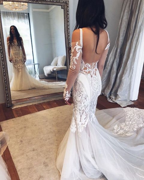 amazing mermaid backless lace wedding dresses sheer bateau neck appliqued beach bridal gowns with long sleeves tulle vestidos de novia, White
amazing mermaid backless lace wedding dresses sheer bateau neck appliqued beach bridal gowns with long sleeves tulle vestidos de novia, White
