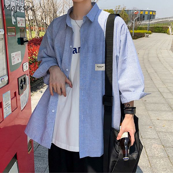 men shirts summer three quarter sleeves striped single breasted korean style chic casual all match students, White;black
men shirts summer three quarter sleeves striped single breasted korean style chic casual all match students, White;black