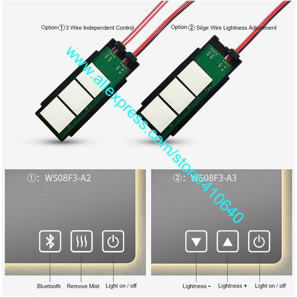 1 piece three key led mirror touch sensor switch with optional functions of brightness adjustment or bluetooth or mist removing
1 piece three key led mirror touch sensor switch with optional functions of brightness adjustment or bluetooth or mist removing
