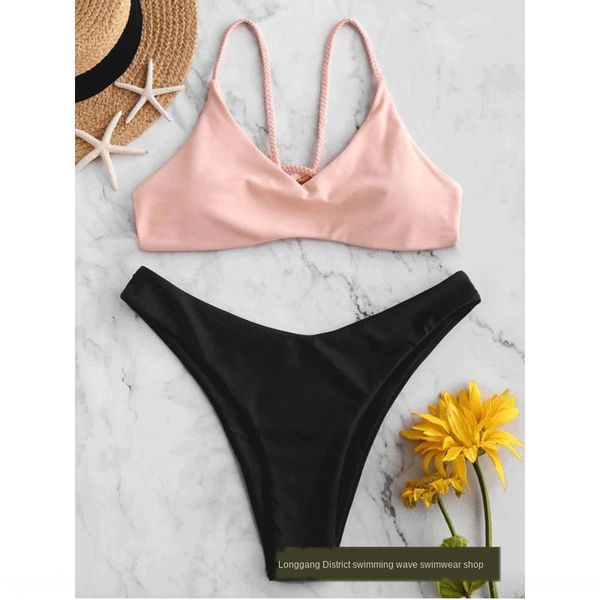 2020 contrast color bikini solid color swimsuit swimsuit split strap bikini, White;black
2020 contrast color bikini solid color swimsuit swimsuit split strap bikini, White;black