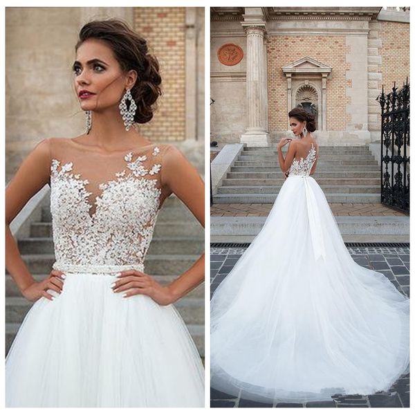 sheer lace appliques a-line wedding dresses 2021 sleeveless modest simple tulle bridal gowns garden robe de marriage customized, White
sheer lace appliques a-line wedding dresses 2021 sleeveless modest simple tulle bridal gowns garden robe de marriage customized, White