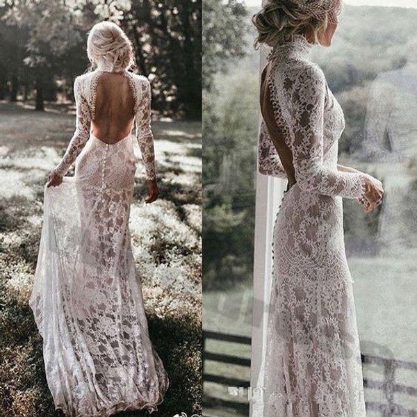 2020 vintage lace mermaid wedding dresses high collar backless sweep train covered buttons back country wedding gown vestido de novia, White
2020 vintage lace mermaid wedding dresses high collar backless sweep train covered buttons back country wedding gown vestido de novia, White