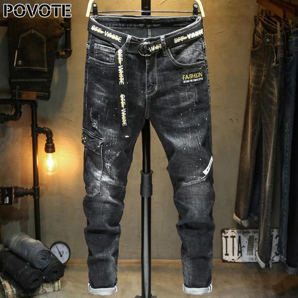 povote 2020 new fashion men's jeans slim small leg straight tube korean trend long pants elastic pants men's trend design t200410, Black
povote 2020 new fashion men's jeans slim small leg straight tube korean trend long pants elastic pants men's trend design t200410, Black