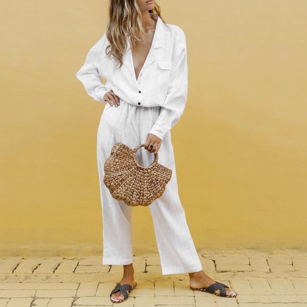 womail set women loose summer solid cotton lapel button pocket long pants temperament suit women suits office sets may 27, White
womail set women loose summer solid cotton lapel button pocket long pants temperament suit women suits office sets may 27, White