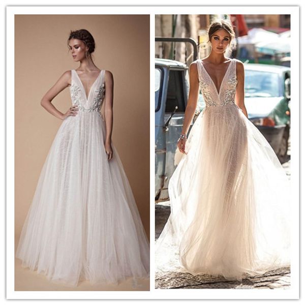 berta 2019 lace wedding dresses backless v neckline illusion bodice floor length open back bridal gowns, White
berta 2019 lace wedding dresses backless v neckline illusion bodice floor length open back bridal gowns, White