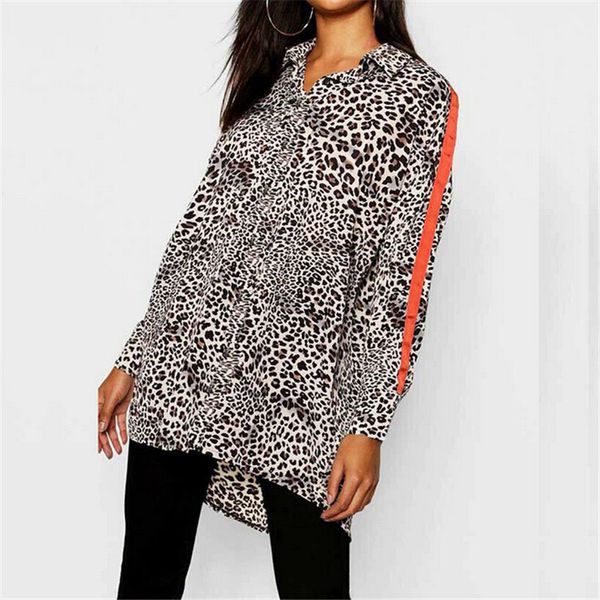 

leopard print orange satin stripe stitching long blouse women turn down collar long sleeve buttoned shirts streeetwear, White