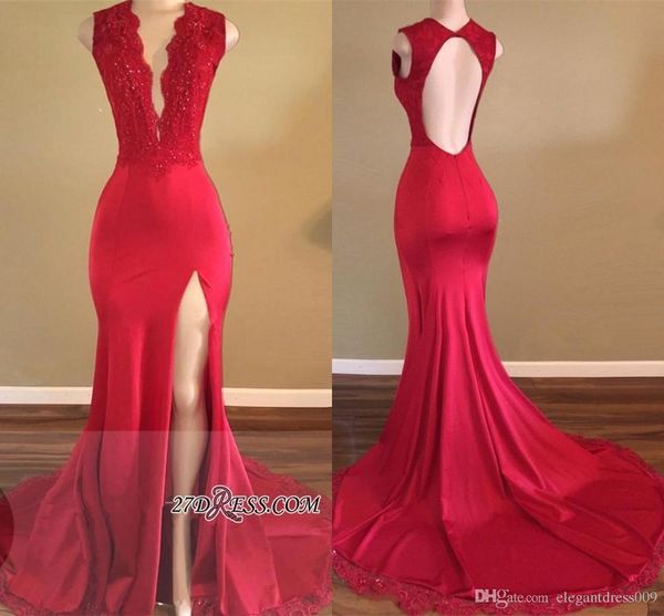 2019 arabic long red beads mermaid prom dresses deep v neck lace applique side split sweep train formal evening dress red carpet dresses, Black
2019 arabic long red beads mermaid prom dresses deep v neck lace applique side split sweep train formal evening dress red carpet dresses, Black