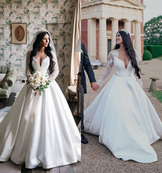 2020 bohemian new arrival long sleeve a line wedding dresses lace satin v neck bridal gowns zipper sweep train wedding gowns, White
2020 bohemian new arrival long sleeve a line wedding dresses lace satin v neck bridal gowns zipper sweep train wedding gowns, White