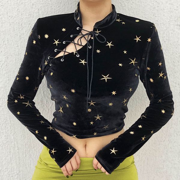 autumn 2019 star print china cheongsam style standing collar crop long sleeve shirt women t-shirt bandage velvet tee, White
autumn 2019 star print china cheongsam style standing collar crop long sleeve shirt women t-shirt bandage velvet tee, White