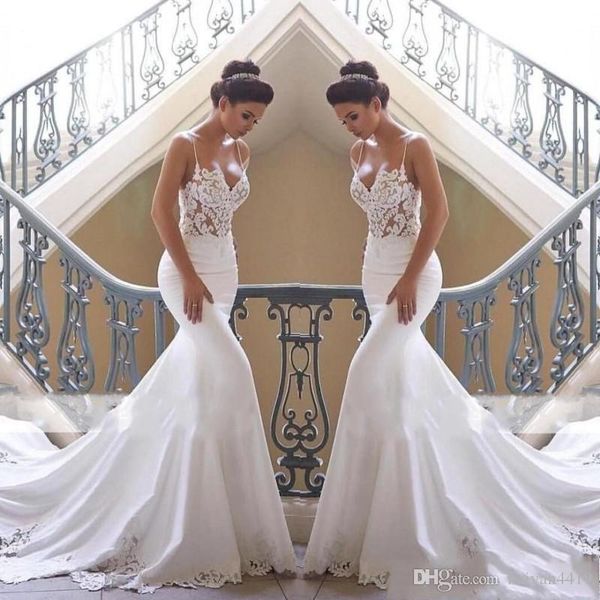 2019 luxury mermaid wedding dresses spaghetti lace appliques satin sleeveless court train open back formal bridal gowns custom made, White
2019 luxury mermaid wedding dresses spaghetti lace appliques satin sleeveless court train open back formal bridal gowns custom made, White