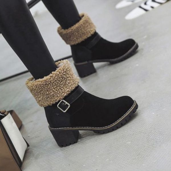 shujin women mid-calf boots autumn winter female block mid heels buckle strap casual botas mujer booties feminina 2019 new, Black