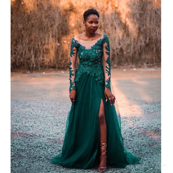 Emerald Green Tulle Formal Prom Dresses Long A-Line African Evening Gowns Long Sleve Appliques Beaded Leg Slit Dinner Gown
Emerald Green Tulle Formal Prom Dresses Long A-Line African Evening Gowns Long Sleve Appliques Beaded Leg Slit Dinner Gown