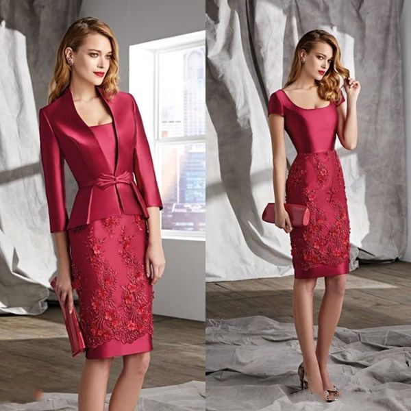 elegant satin applique lace mother of the bride dresses with jacket knee length sheath short wedding guest dress plus size mother gowns, Black;red
elegant satin applique lace mother of the bride dresses with jacket knee length sheath short wedding guest dress plus size mother gowns, Black;red