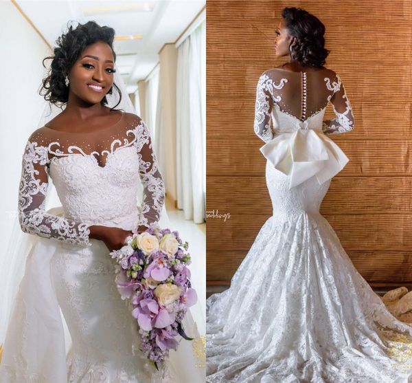 royal gorgeous wedding dresses vintage african long sleeves mermaid bridal gowns with detachable train lace applique plus size bridal gown, White
royal gorgeous wedding dresses vintage african long sleeves mermaid bridal gowns with detachable train lace applique plus size bridal gown, White