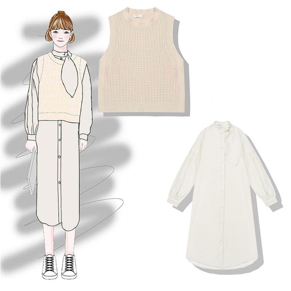2019 new fashion women's tqo piece set autumn and winter long dress + sweater vest, White
2019 new fashion women's tqo piece set autumn and winter long dress + sweater vest, White