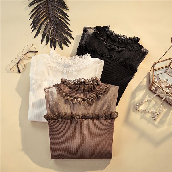 2019 spring autumn new lace hollow out see through patchwork long-sleeved slim bottom sweater women fashion, White;black
2019 spring autumn new lace hollow out see through patchwork long-sleeved slim bottom sweater women fashion, White;black