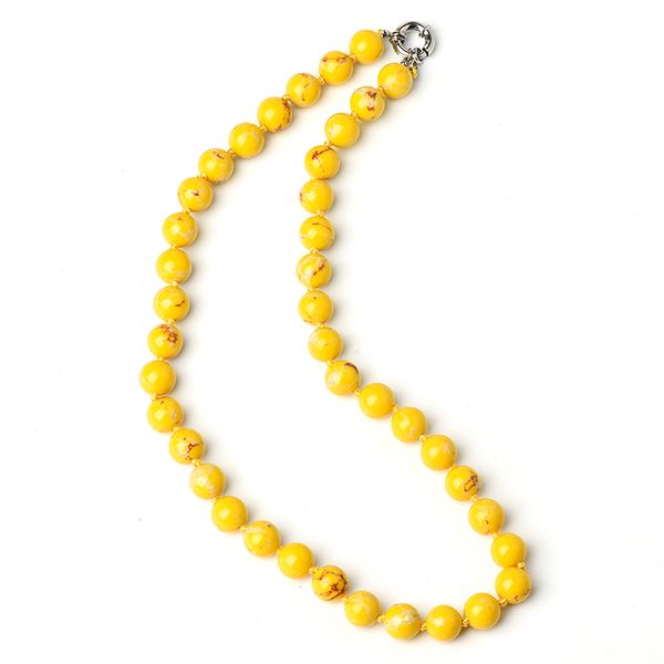the yellow synthetic emperor stone necklace having dark red stripes and a bright yellow color 10 mm beads, Silver
the yellow synthetic emperor stone necklace having dark red stripes and a bright yellow color 10 mm beads, Silver