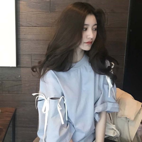 female 2019 loose student coat t-shirt social style women's clothes short sleeve hollow t-shirt top, White
female 2019 loose student coat t-shirt social style women's clothes short sleeve hollow t-shirt top, White