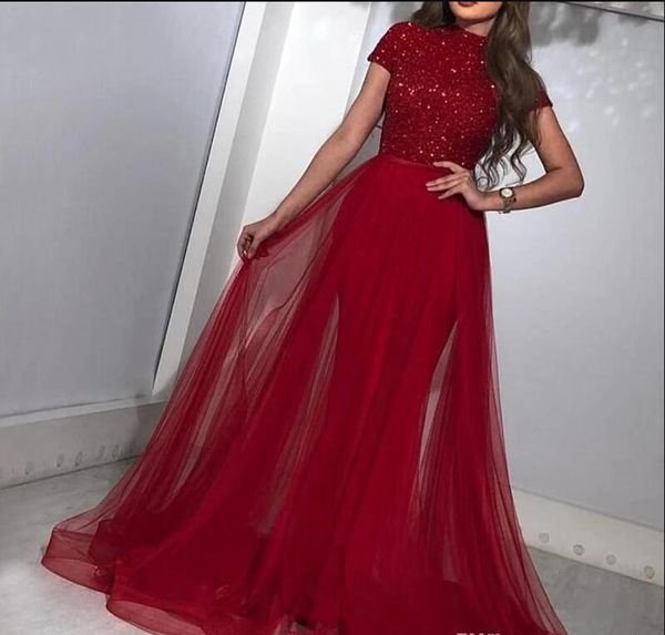 2019 dark red muslim evening dresses mermaid sequined prom dress with detachable tulle skirt dubai saudi arabic long evening gowns, Black
2019 dark red muslim evening dresses mermaid sequined prom dress with detachable tulle skirt dubai saudi arabic long evening gowns, Black