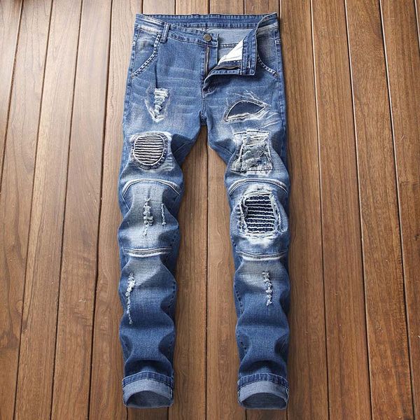 men biker jeans denim pants patchwork knee holes draped sratched panelled washed plus size 40 42, Blue
men biker jeans denim pants patchwork knee holes draped sratched panelled washed plus size 40 42, Blue