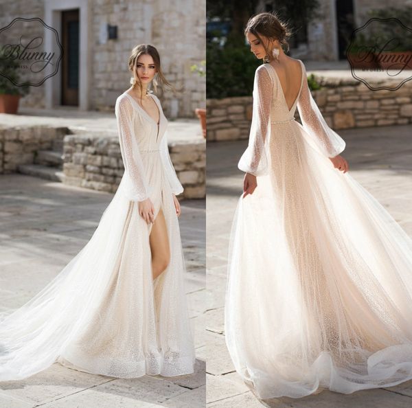 2020 elegant beach wedding dresses v neck a line high front split long sleeve vestidos de novia backless bohemian wedding gowns, White
2020 elegant beach wedding dresses v neck a line high front split long sleeve vestidos de novia backless bohemian wedding gowns, White