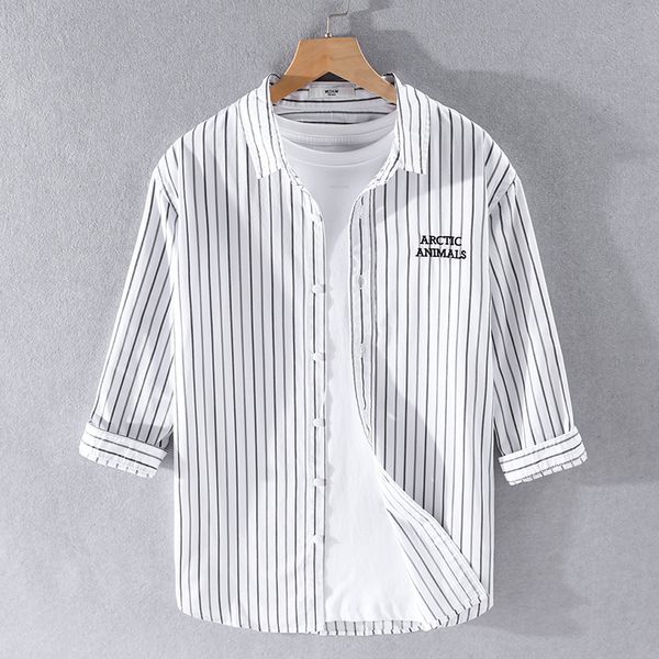 three-quarter sleeve summer men shirt cotton casual striped white shirts for men fashion comfortable shirt mens chemise, White;black
three-quarter sleeve summer men shirt cotton casual striped white shirts for men fashion comfortable shirt mens chemise, White;black