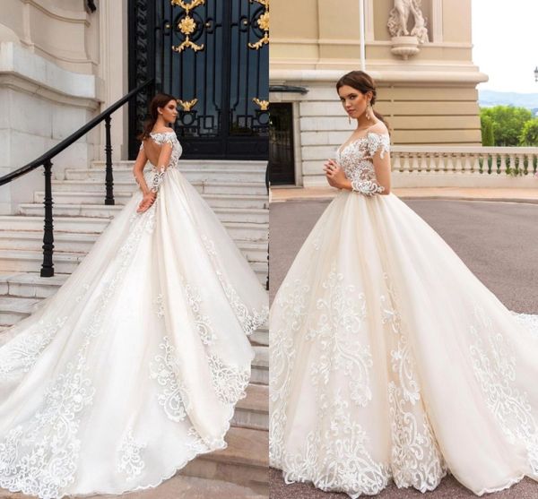 long sleeves ball gowns wedding dresses modest sheer neckline lace appliques bridal gown court train robe mariage ba5462, White
long sleeves ball gowns wedding dresses modest sheer neckline lace appliques bridal gown court train robe mariage ba5462, White