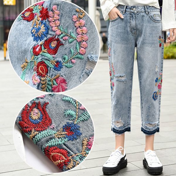 new fashion vintage loose ripped hole jeans women floral embroidered harem ankle-length pants, Blue
new fashion vintage loose ripped hole jeans women floral embroidered harem ankle-length pants, Blue