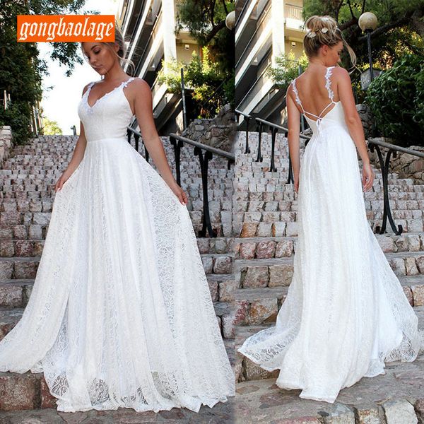 

2019 spaghetti straps lace boho a line wedding dresses applique floor length summer beach wedding bridal gowns with lace up back, White