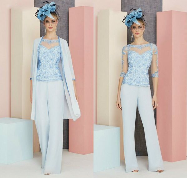 light blue mother of the bride pant suits bateau neck 3/4 long sleeves prom dress lace formal wedding guest gowns outfits, Black;red 
light blue mother of the bride pant suits bateau neck 3/4 long sleeves prom dress lace formal wedding guest gowns outfits, Black;red