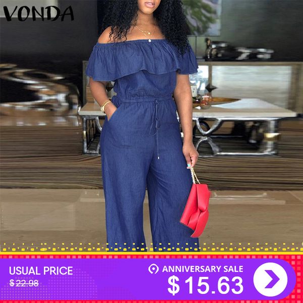 

vonda women rompers jumpsuit 2019 summer overalls casual slash neck off shoulder ruffles denim playsuits plus size wide leg pant, Black;white