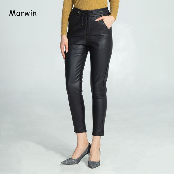 

marwin winter thick solid artificial leather high street casual women pants leggings fashion warm soft women pants, Black;white