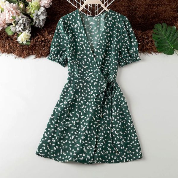 short sleeve one piece ies dress small flower print belt slim sundress good quality stylish knee length green summer dresses, White;black
short sleeve one piece ies dress small flower print belt slim sundress good quality stylish knee length green summer dresses, White;black