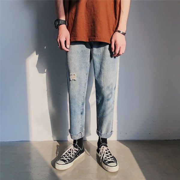 tide brand ins pants men's autumn thin straight light ankle-length pants korean fashion slim hole 9 points jeans, White;black
tide brand ins pants men's autumn thin straight light ankle-length pants korean fashion slim hole 9 points jeans, White;black