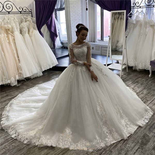 glitter tulle puffy princess wedding dresses long sleeves chic lace muslim bridal wedding party dress plus size robe de mariee, White
glitter tulle puffy princess wedding dresses long sleeves chic lace muslim bridal wedding party dress plus size robe de mariee, White