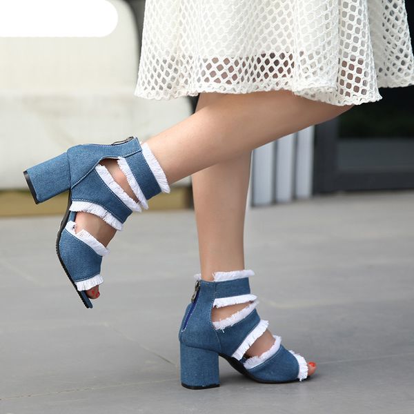 large size 32-43 new denim women sandals peep toe stiletto high heels casual summer ladies dress shoes, Black 
large size 32-43 new denim women sandals peep toe stiletto high heels casual summer ladies dress shoes, Black