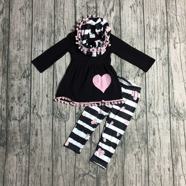 

baby 3pcs clothes girls valentine's day boutique clothing sets with scarf girls pink heart with black stripe pants, White
