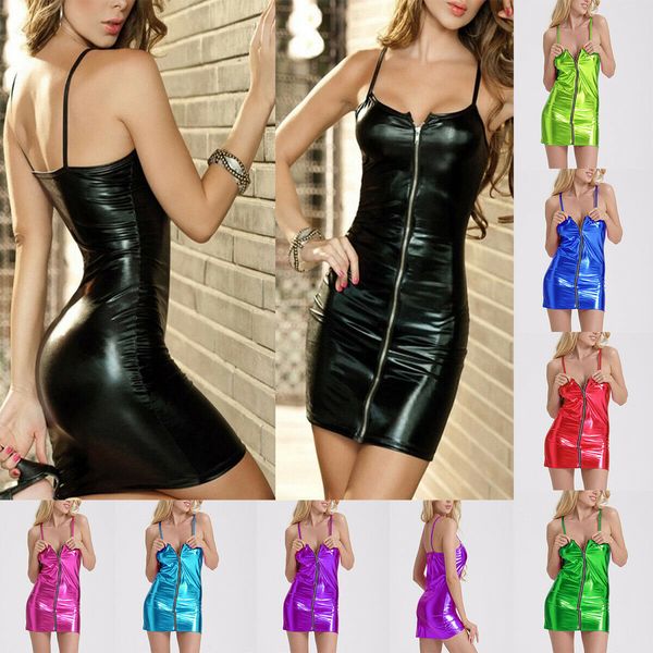 women faux pu leather strap zipper bodycon mini dress front tights wet look clubwear party dress, White;black
women faux pu leather strap zipper bodycon mini dress front tights wet look clubwear party dress, White;black