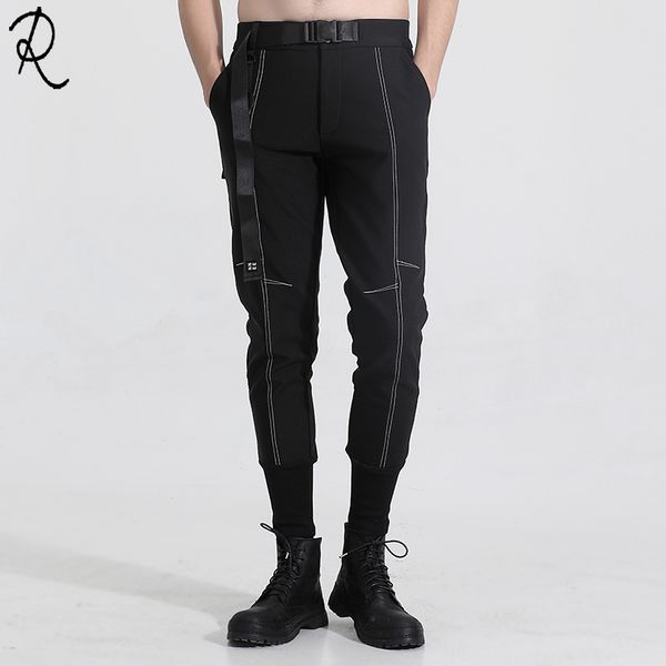 2019 spring new originally mens created chao brand personality belt slim bottom nine-minute pants men's leisure pants, Black 
2019 spring new originally mens created chao brand personality belt slim bottom nine-minute pants men's leisure pants, Black