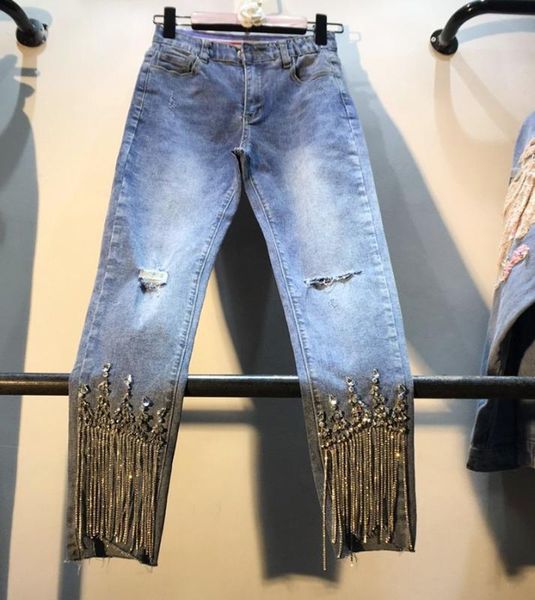 holes denim pants lady 2019 spring summer clothing new heavy studded bead-fringed drilled high-waist slim nine-cent jeans girls, Blue
holes denim pants lady 2019 spring summer clothing new heavy studded bead-fringed drilled high-waist slim nine-cent jeans girls, Blue