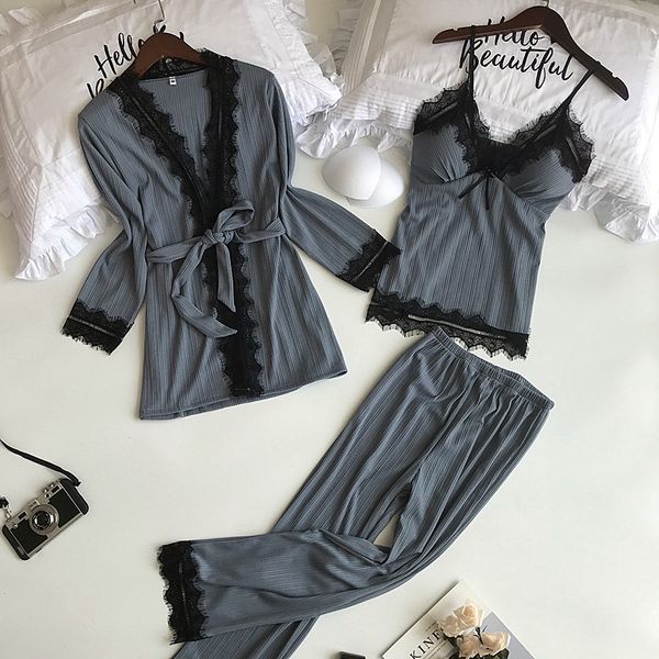 women's pajamas set long sleeve robe + sling with chest pad + trousers 3 piece pyjamas lace lingerie sleepwear, Blue;gray
women's pajamas set long sleeve robe + sling with chest pad + trousers 3 piece pyjamas lace lingerie sleepwear, Blue;gray