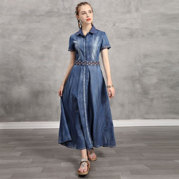 summer dress 2020 vintage women turn down collar a-line long denim dresses, Black;gray
summer dress 2020 vintage women turn down collar a-line long denim dresses, Black;gray