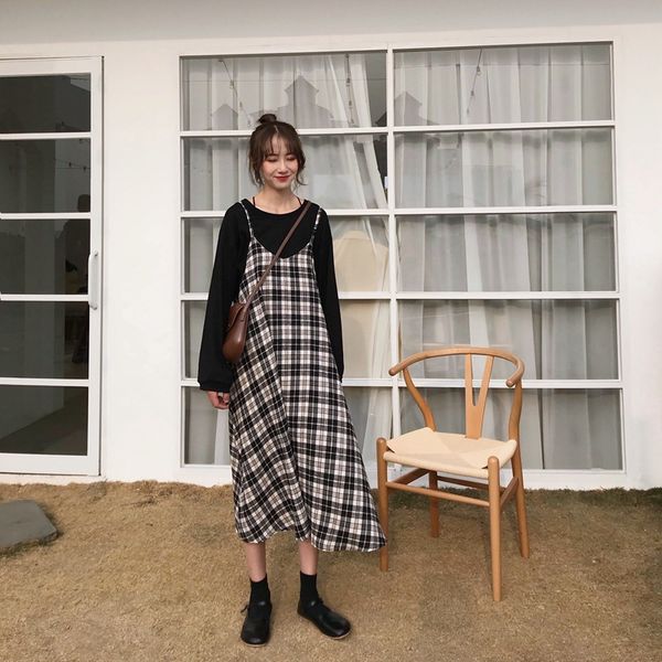 p shoot 2019 spring summer new style women's dress japanese-style retro plaid dress medium-length strapped, White;black
p shoot 2019 spring summer new style women's dress japanese-style retro plaid dress medium-length strapped, White;black