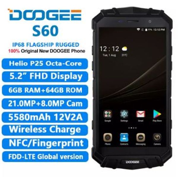 

Real IP68 DOOGEE S60 Wireless Charge 5580mAh 12V2A Quick Charge 5.2'' FHD Helio P25 Octa Core 6GB 64GB Smartphone 21.0MP Camera