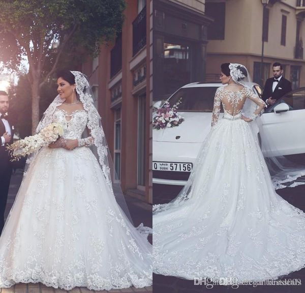 2019 lace wedding dresses sheer neck long illusion sleeves illusion back applique court train bridal gowns wedding dress vestido de novia, White
2019 lace wedding dresses sheer neck long illusion sleeves illusion back applique court train bridal gowns wedding dress vestido de novia, White