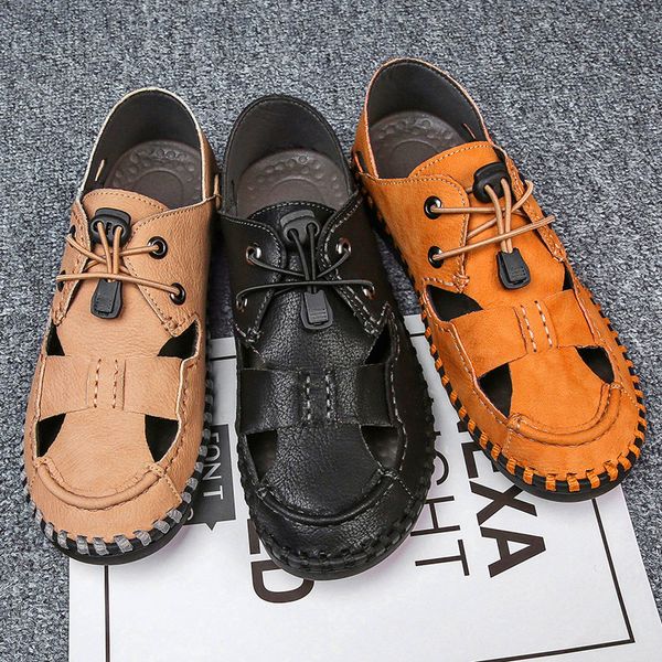 men fashion solid leather business sport flat round toe casual shoes mens casual shoes fashion summer beach sandals, Black
men fashion solid leather business sport flat round toe casual shoes mens casual shoes fashion summer beach sandals, Black