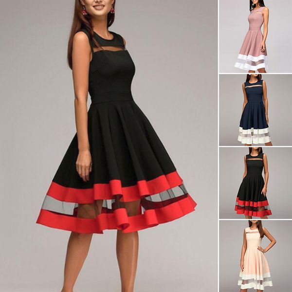 women perspective mesh stitching contrast color sleeveless large swing dress, Black;gray
women perspective mesh stitching contrast color sleeveless large swing dress, Black;gray