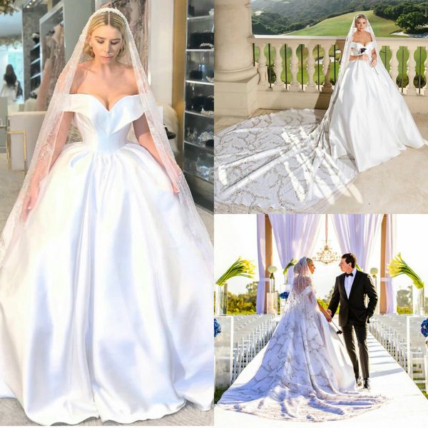 2020 satin bridal gowns with beaded veil off-shoulder sleeveless a-line wedding dress court train custom made elegant bridal dresses, White
2020 satin bridal gowns with beaded veil off-shoulder sleeveless a-line wedding dress court train custom made elegant bridal dresses, White
